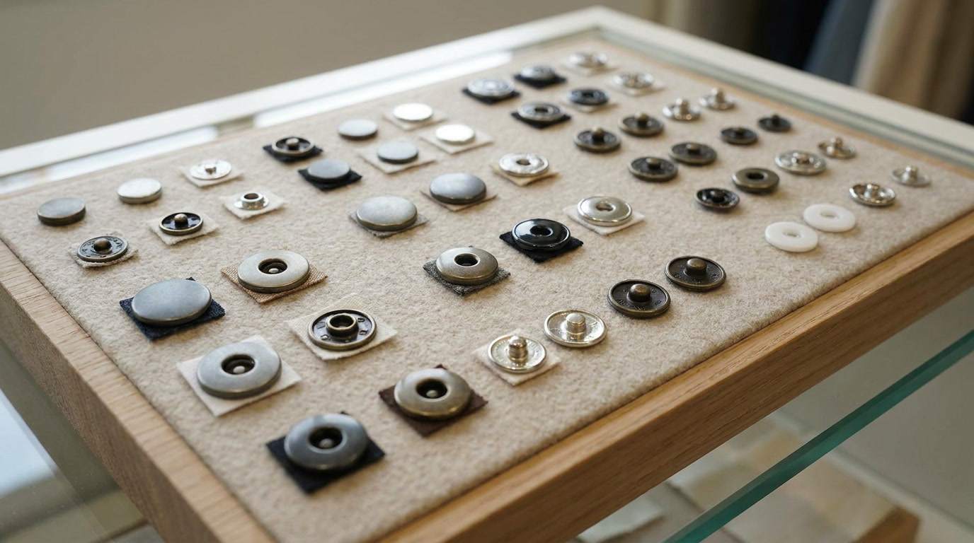 snap button bodysuit, The snap button bodysuit display shows assorted metal snap buttons in different sizes and finishes arranged on a wooden sample board.